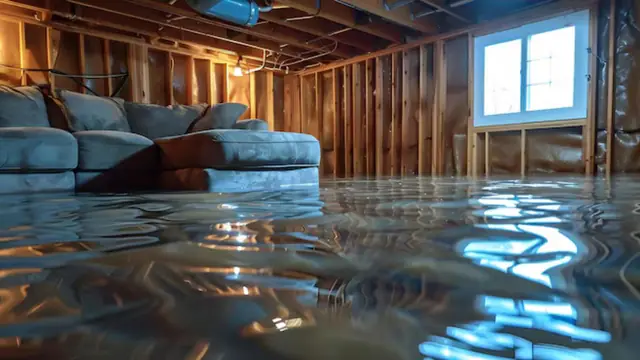 Flooded basement with exposed wall framing and a sofa standing in water