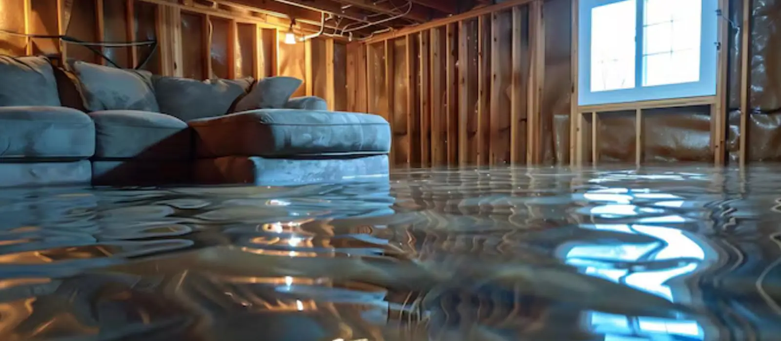 Flooded basement with exposed wall framing and a sofa standing in water