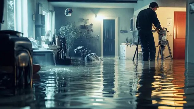 Person documenting a flooded room with a camera on a tripod
