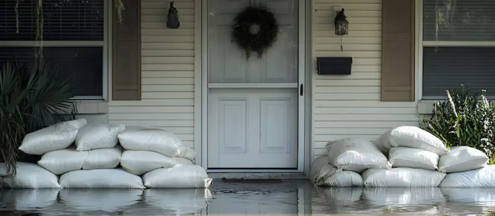 Sandbags stacked at a front door beside standing water