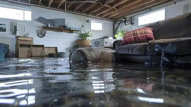 Flooded lower-level living space with furniture standing in water