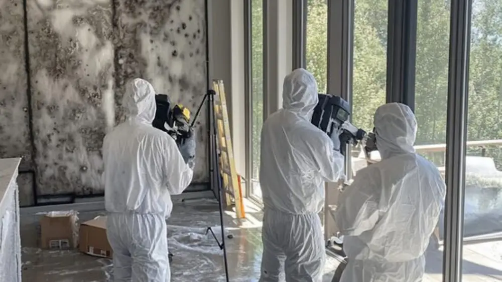 Team in protective suits documenting mold on a wall with cameras