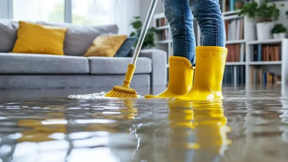 Person in yellow rubber boots mopping water in a living room