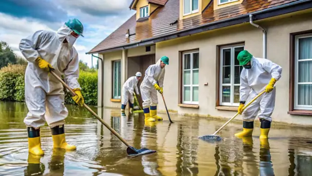 Crew in protective suits and rubber boots cleaning up flood water outside a house