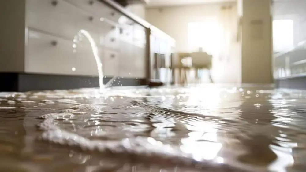 Water running across a kitchen floor after a leak