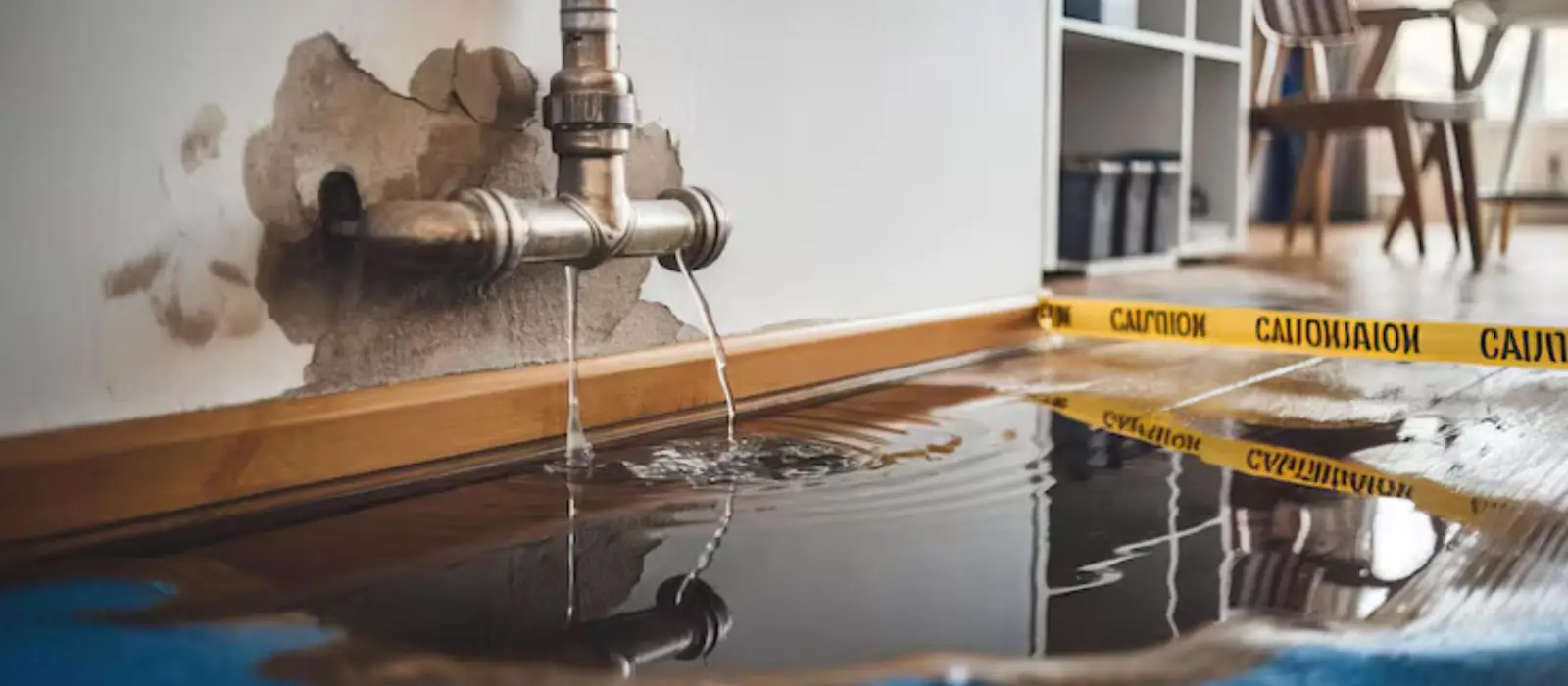 Burst pipe leaking onto a wood floor behind yellow caution tape